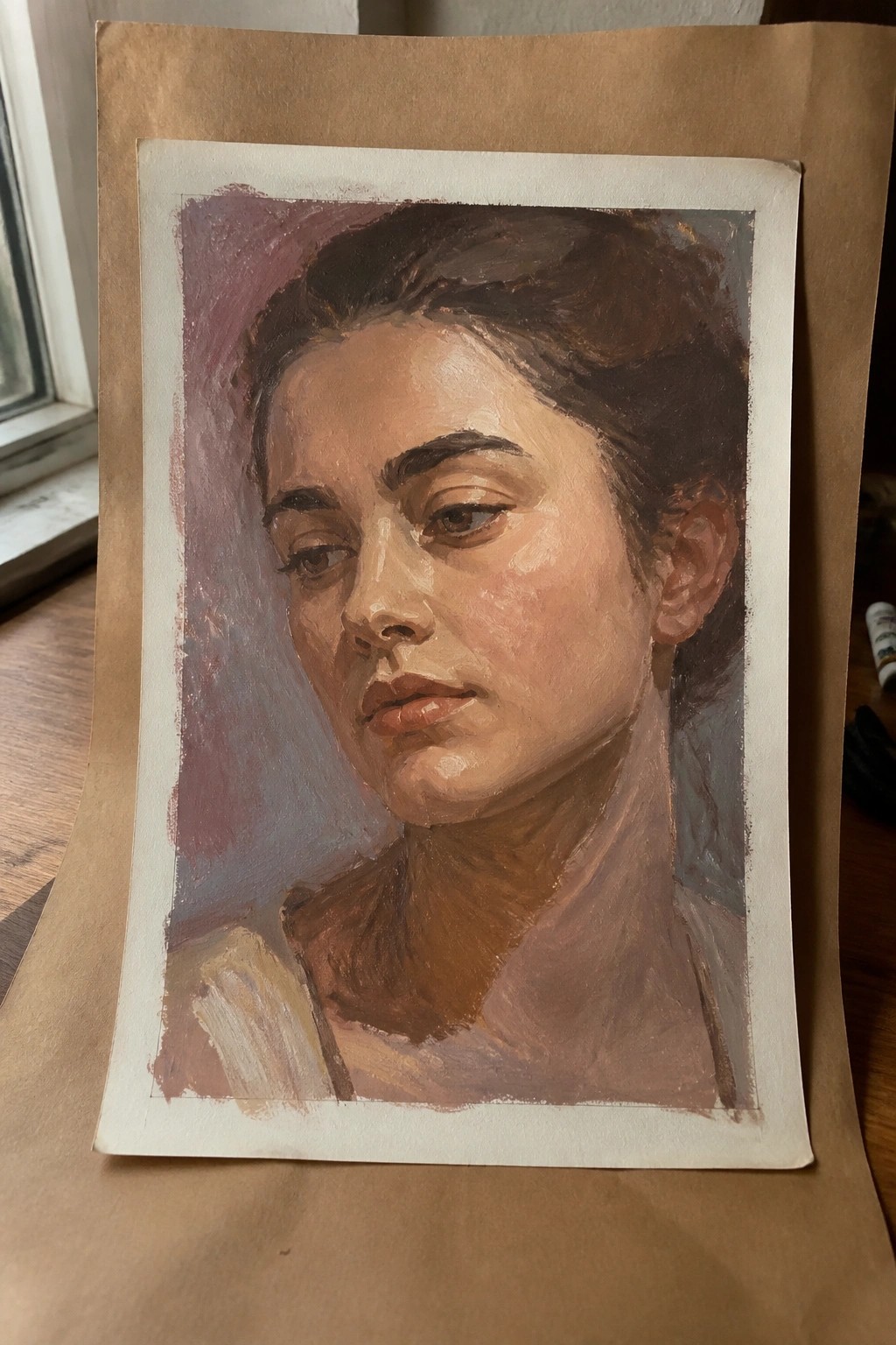 Oil portrait of a woman with dark hair, neutral gaze, and earthy tones