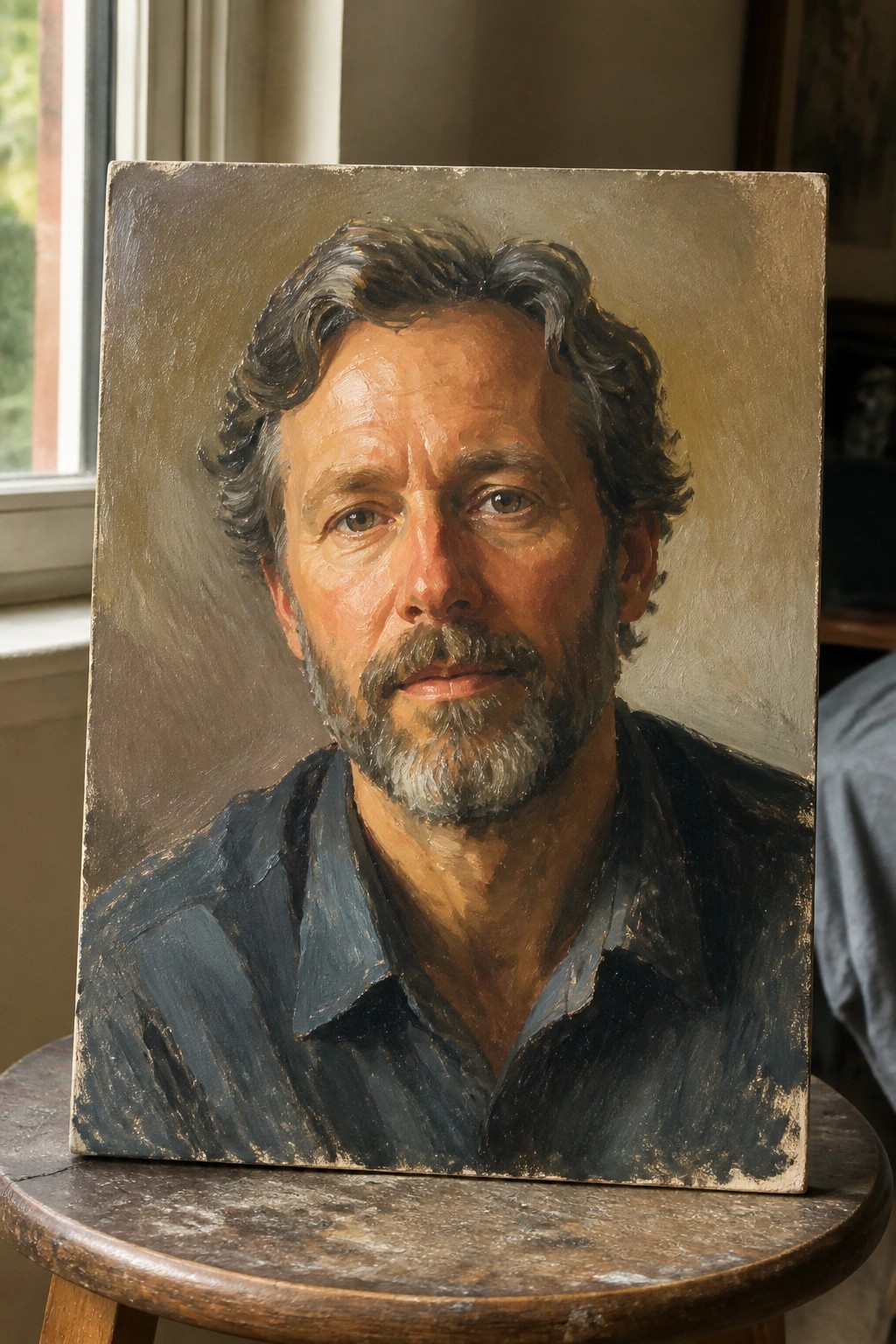 Oil portrait of bearded man with graying hair in blue shirt on wooden stool