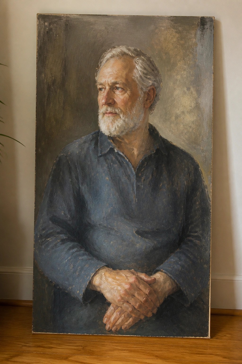 A realistic oil painting of an older man with white hair and beard, wearing a blue shirt, hands clasped, against a dark textured background.