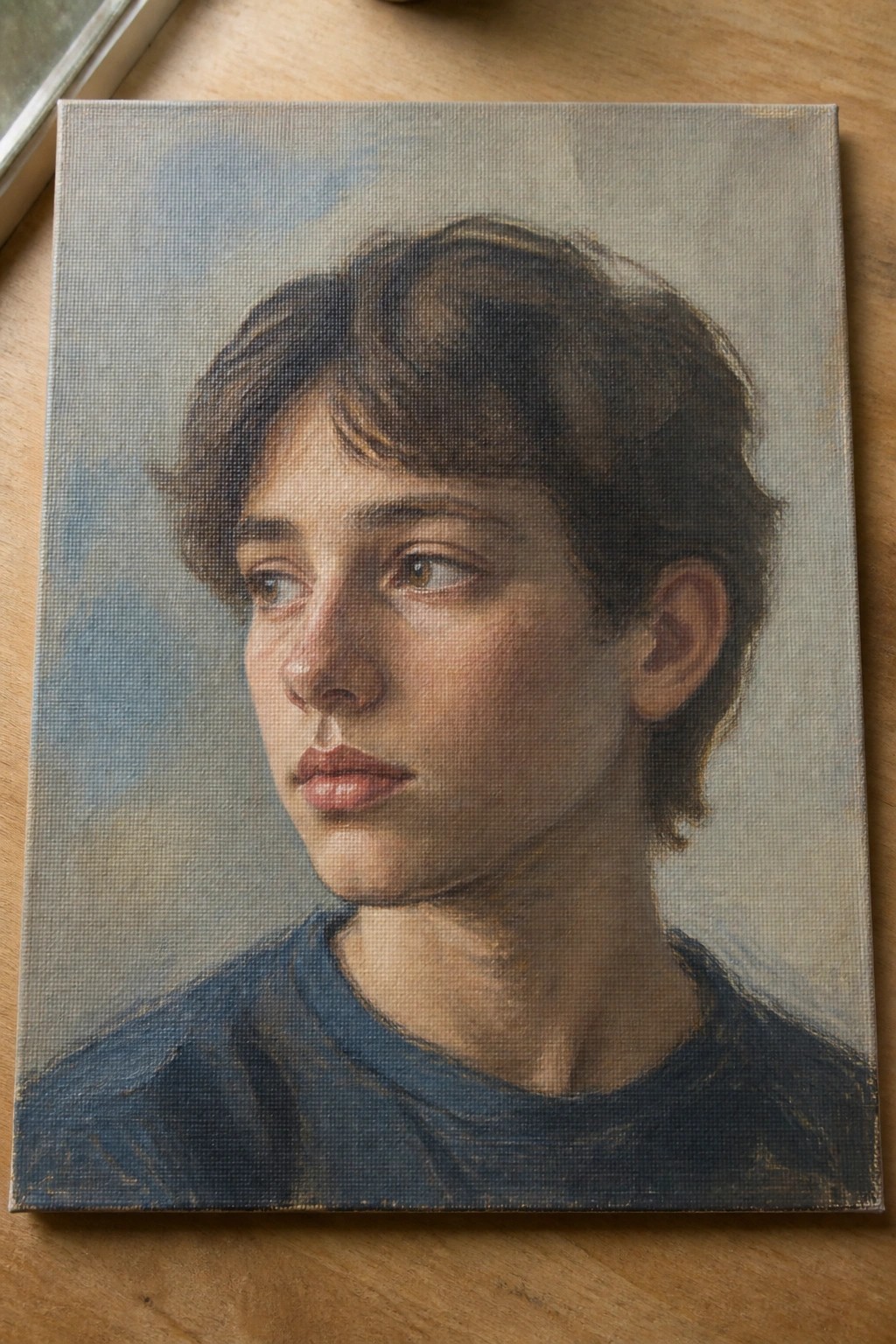 Realistic oil portrait of a young man with wavy brown hair in a blue shirt.
