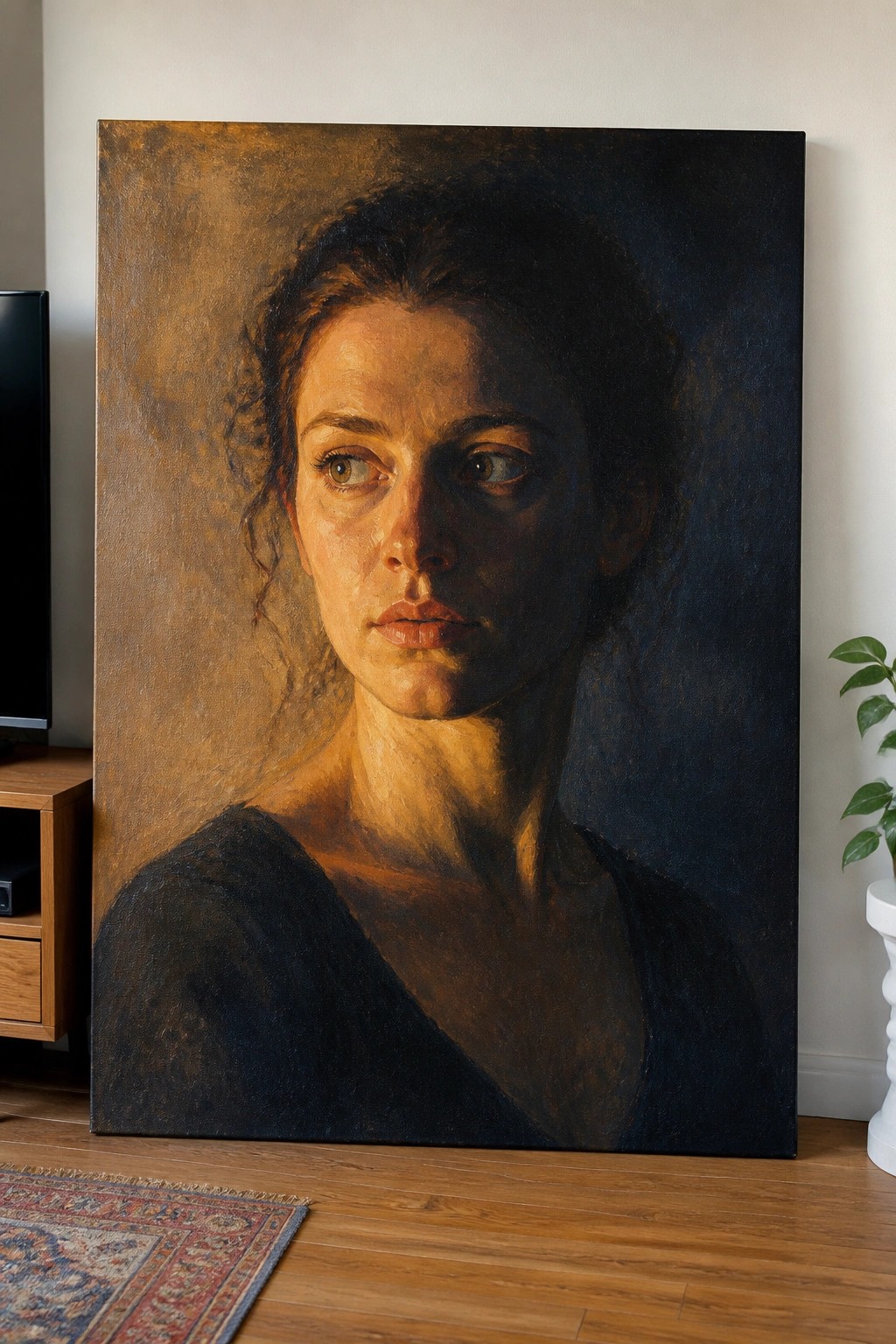 Large realistic oil portrait of a woman in dark top propped in living room
