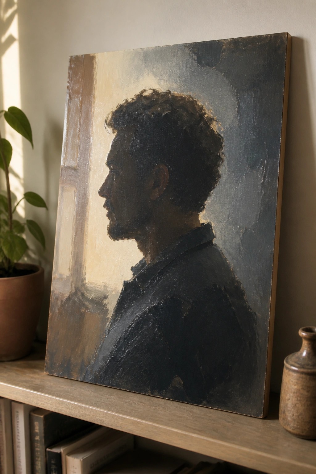 Oil painting of bearded man in profile on shelf with books, plant, and vase.