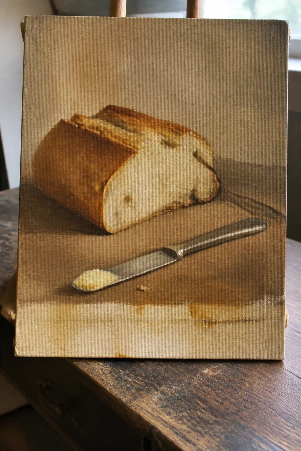 Realistic still life painting of sliced bread loaf and buttered knife on wood