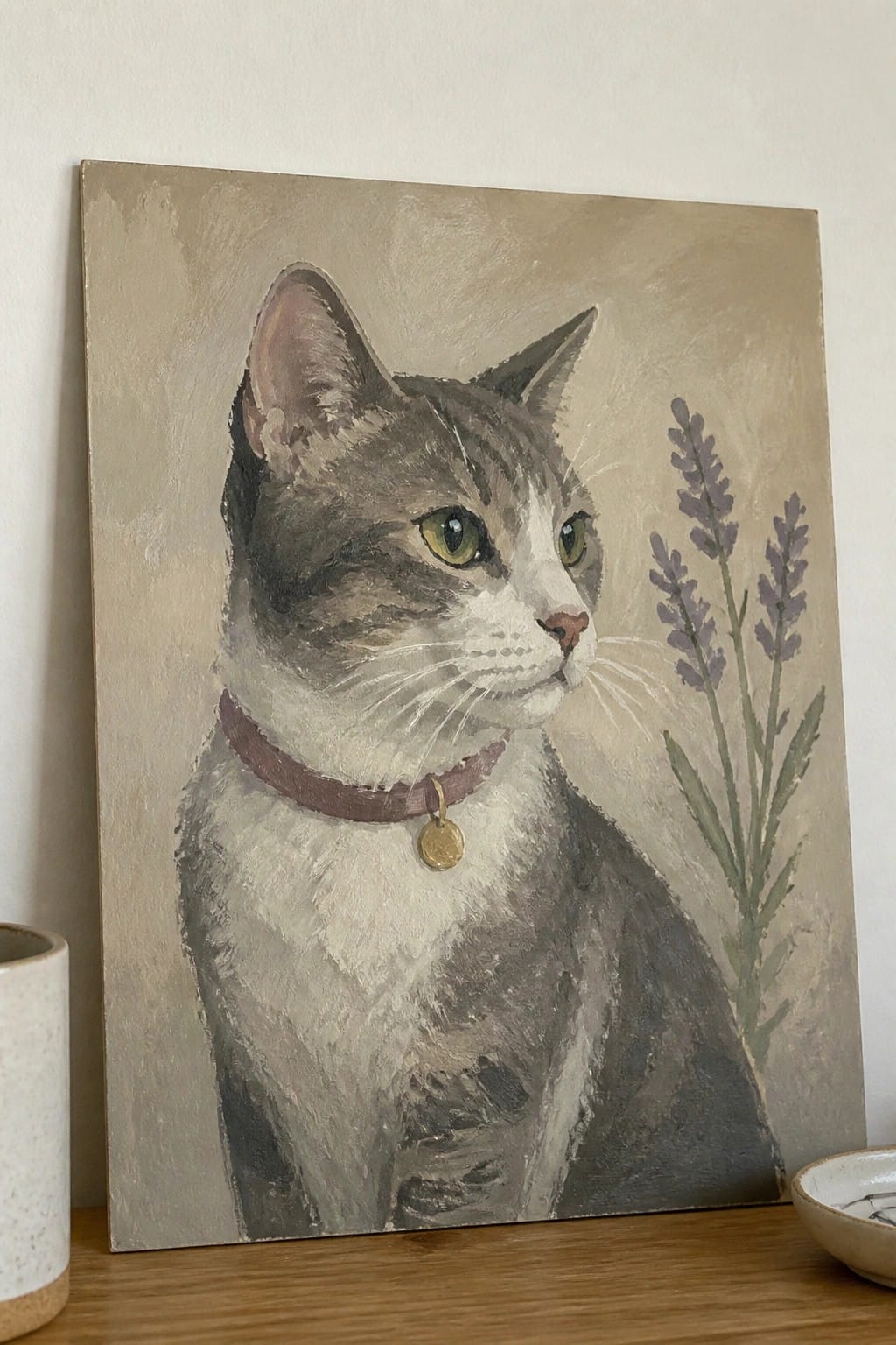 Realistic painting of gray tabby cat with collar beside lavender on beige background