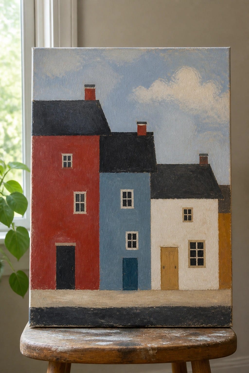 Colorful abstract painting of red, blue, and white houses on wooden stool