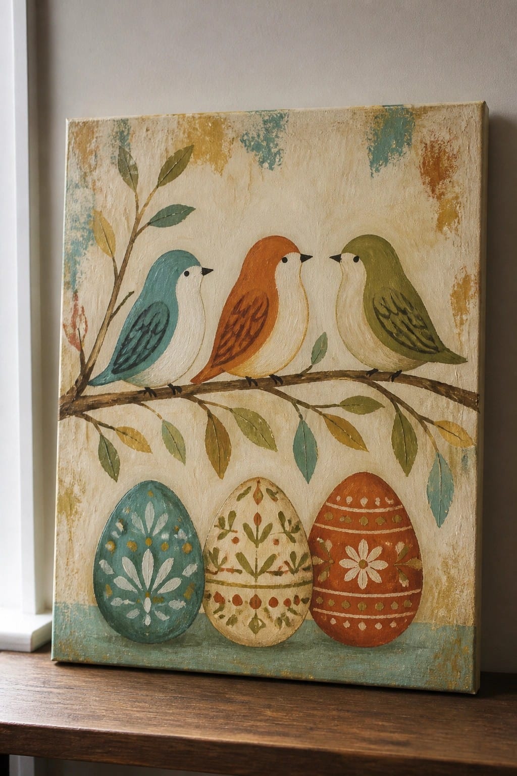 Three painted birds on a branch above three patterned Easter eggs on canvas
