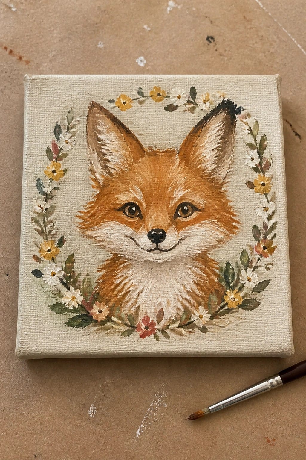Watercolor fox portrait with floral wreath on canvas beside paintbrush.