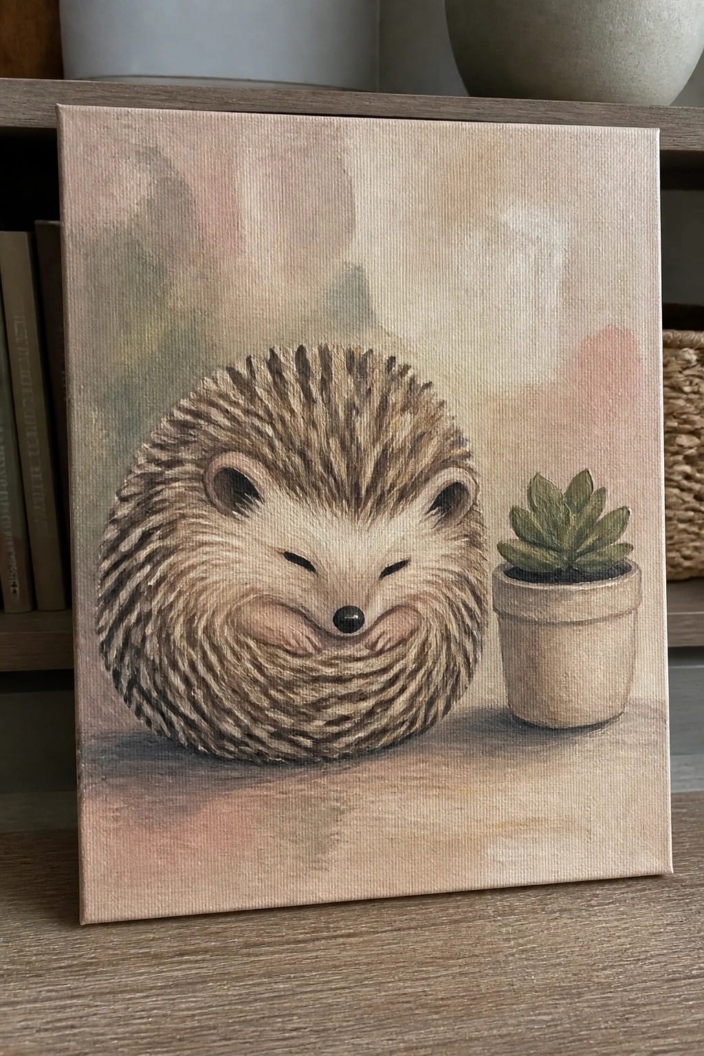 Soft pastel painting of a sleeping hedgehog curled beside a potted succulent plant.