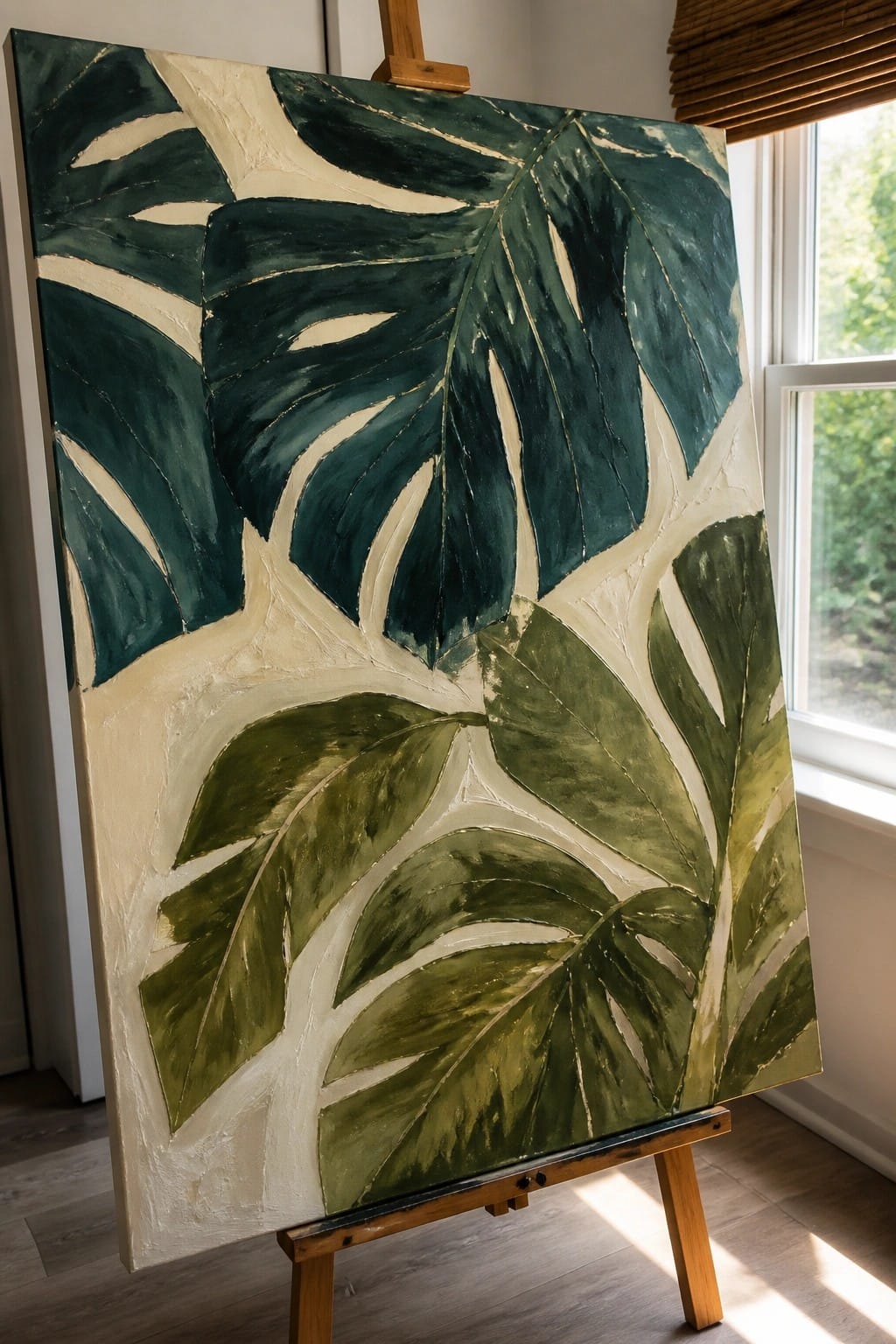 Large abstract painting of oversized green monstera leaves on cream background, on wooden easel.