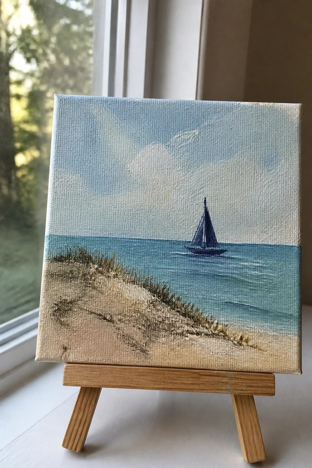Small canvas painting of sailboat on blue ocean from sandy beach dunes on wooden easel