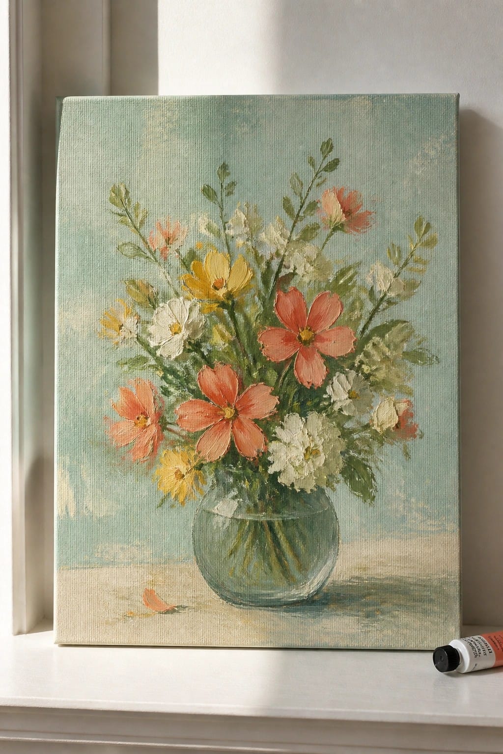 Painting of pink and yellow flowers in glass vase on windowsill with paint tube