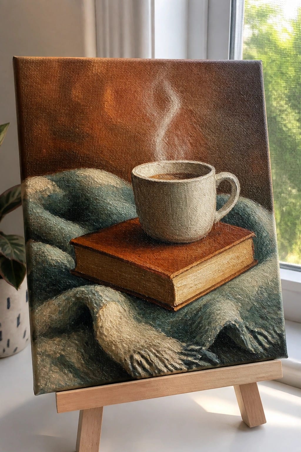 Steaming coffee cup on book atop rumpled green and beige fabric in warm light