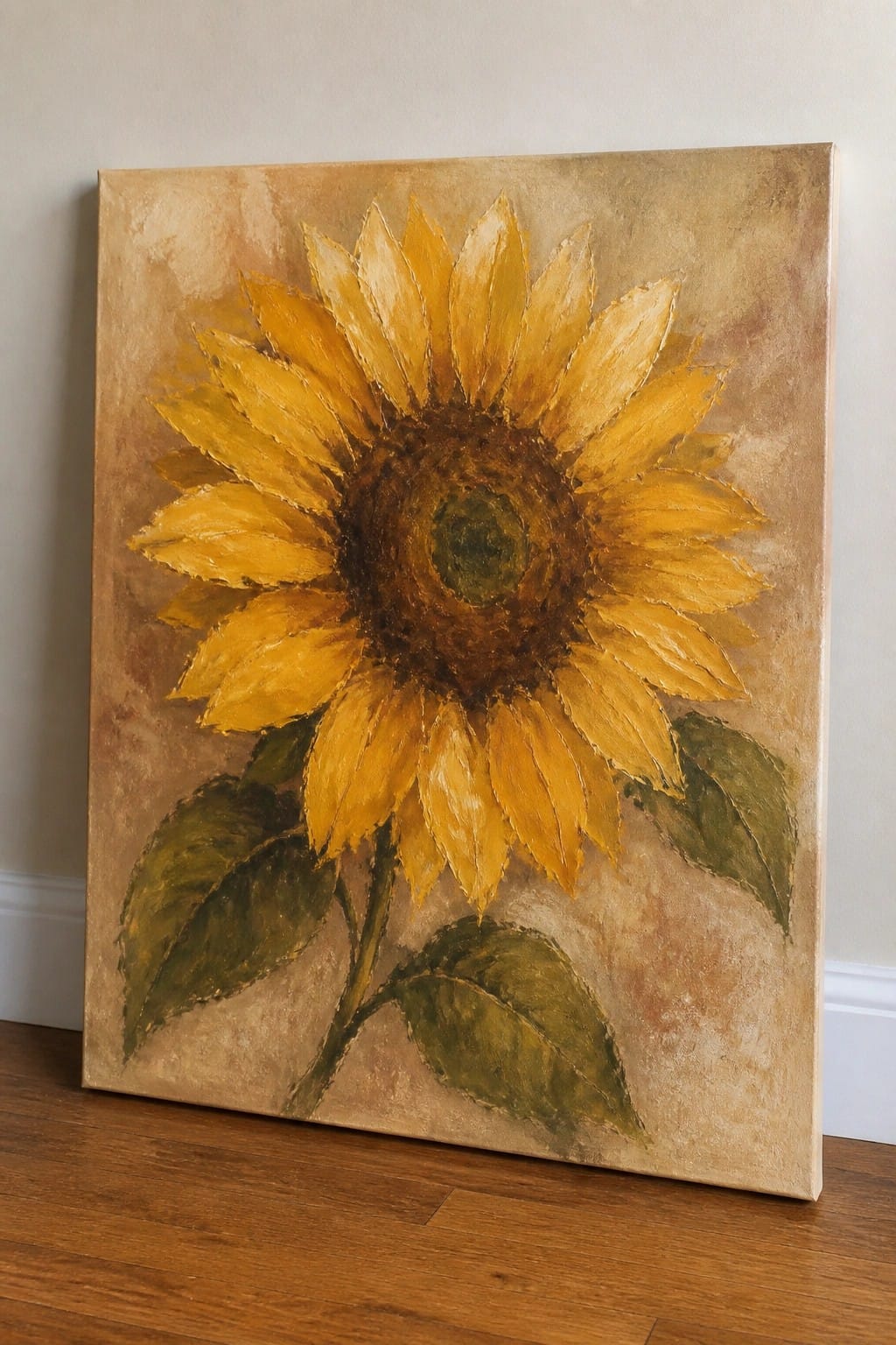 Sunflower painting with yellow petals and green leaves on textured brown canvas leaning on floor