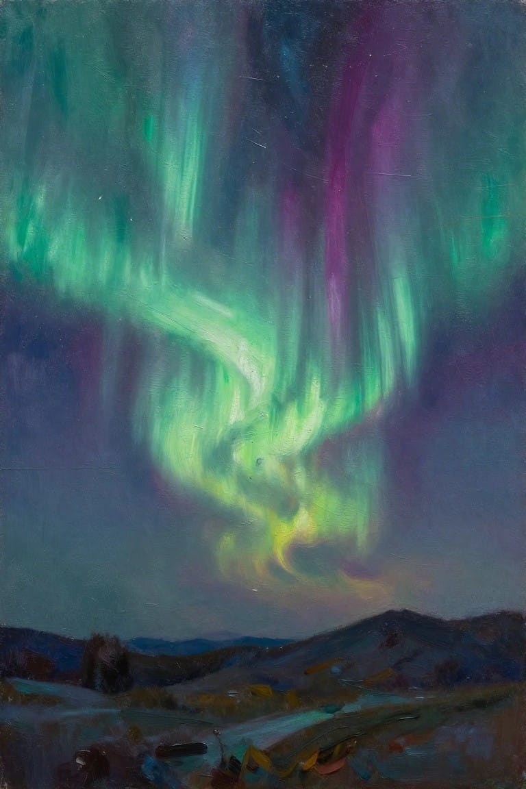 Swirling green and purple aurora borealis over a dark hilly landscape at night.