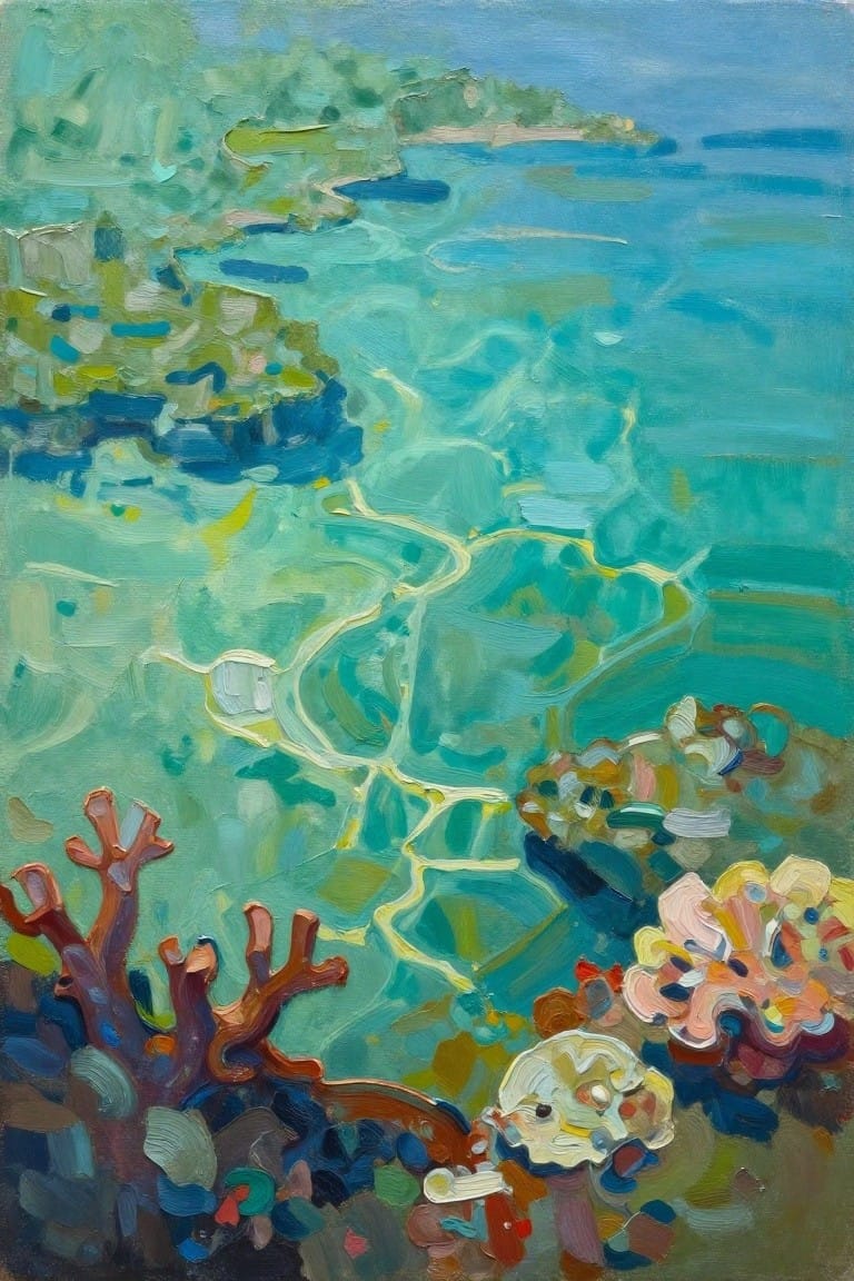 Colorful coral reefs in shallow turquoise waters with sunlight reflections, oil painting.