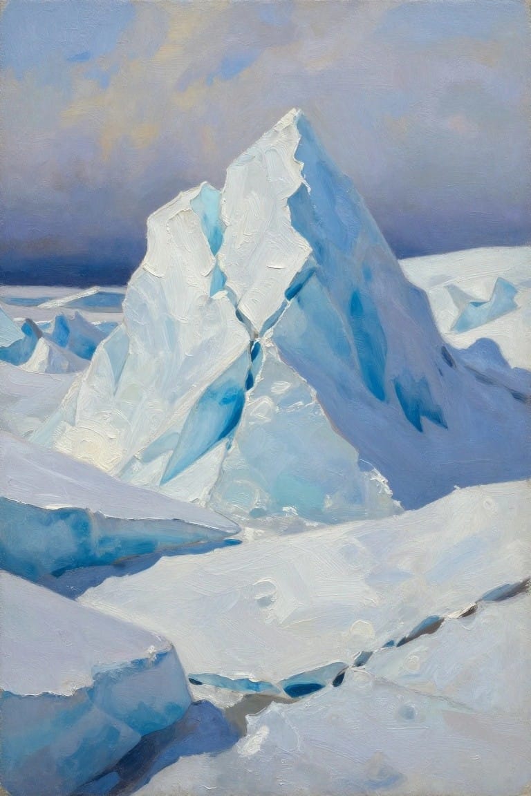 Jagged white and blue icebergs rising from snowy terrain under cloudy skies