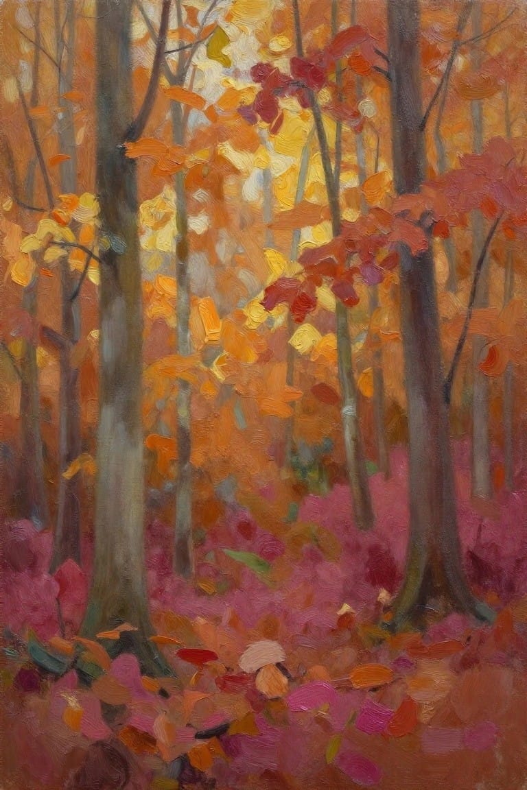 Vibrant autumn forest with tall trees and colorful fallen leaves on the ground.