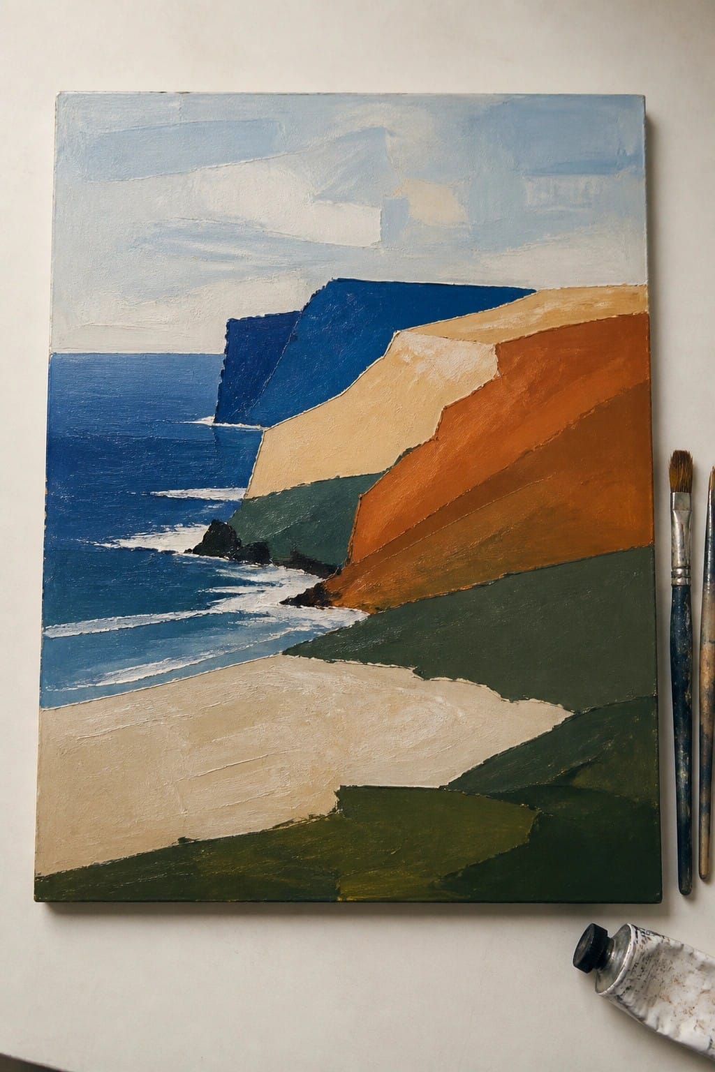 Colorful abstract seascape painting of cliffs and ocean beside paintbrushes and tube