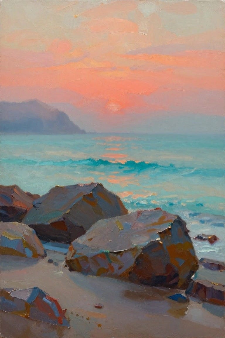 Rocky shoreline at vibrant sunset with turquoise waves and pink-orange sky in oil painting