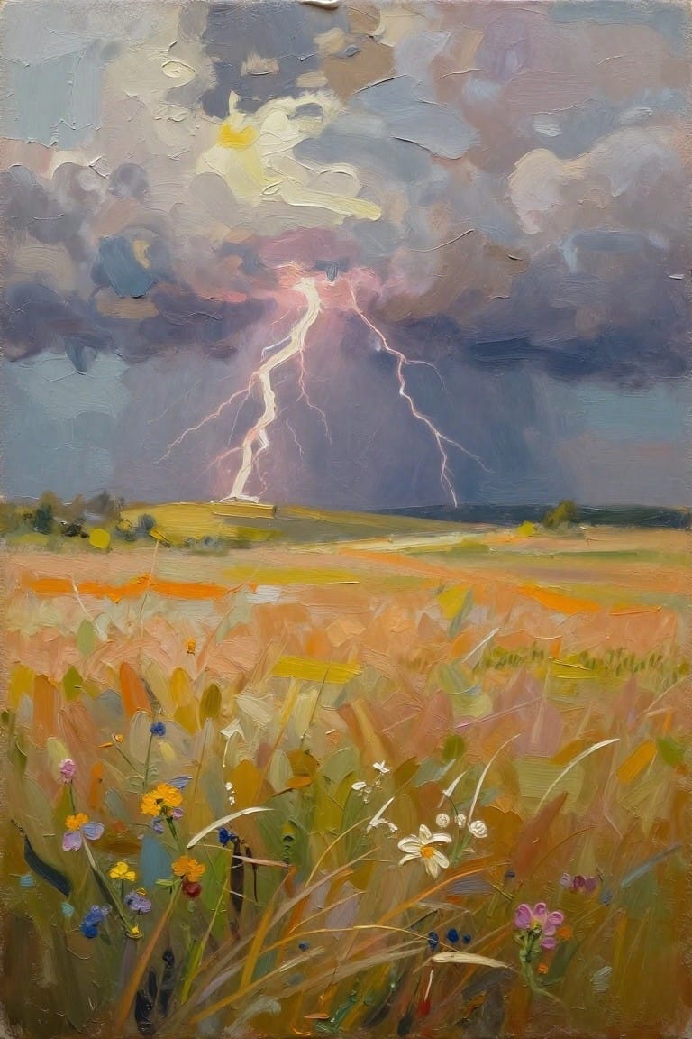 Lightning bolt striking over colorful wildflowers in a stormy meadow painting