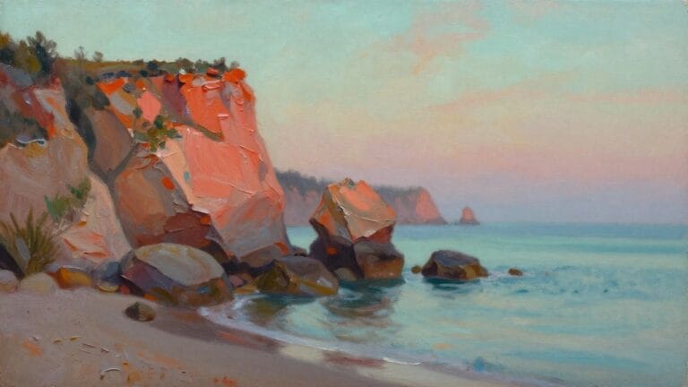20 Gorgeous Abstract Landscape Oil Painting Ideas Full of Color and Texture Rocky shoreline at vibrant sunset with turquoise waves and pink-orange sky in oil painting