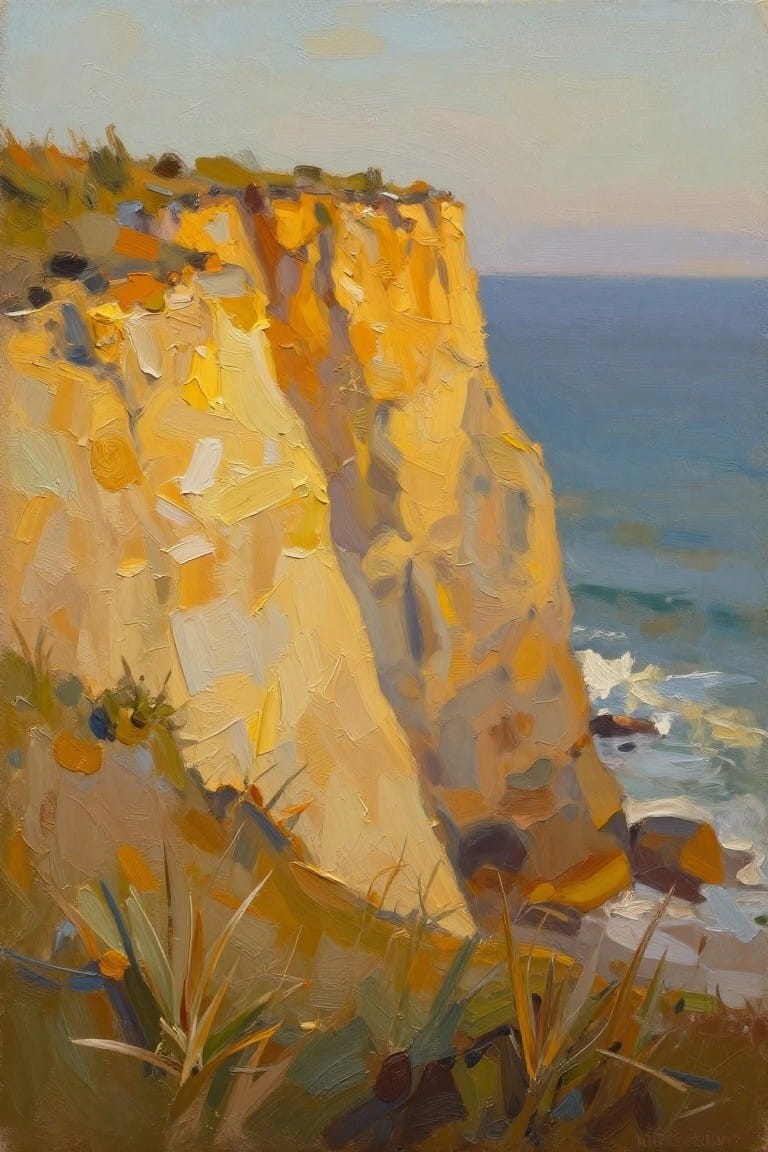 Vibrant oil painting of golden cliffs overlooking blue ocean with waves