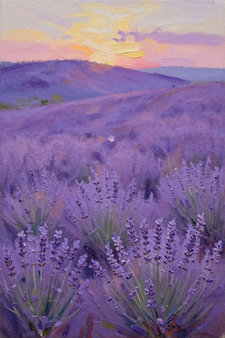 Purple lavender field with rolling hills under a vibrant sunset sky