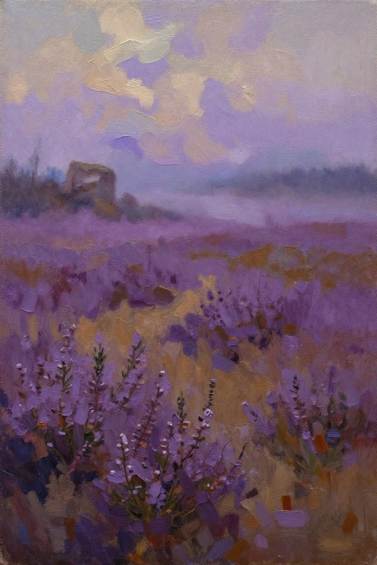 Impressionistic painting of purple lavender field under colorful misty sky with ruins