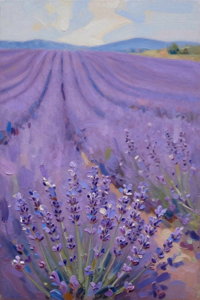 Impressionistic oil painting of purple lavender rows leading to distant hills.