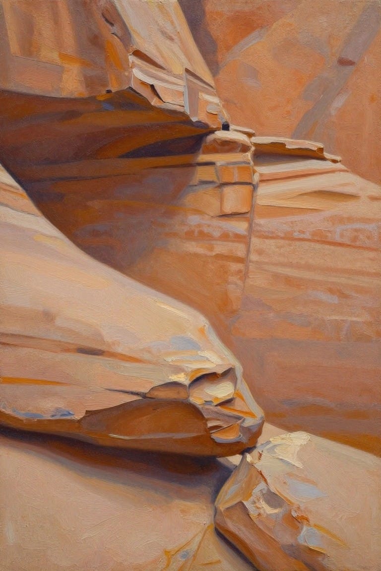 Oil painting of layered rocky canyon walls in warm orange brown earth tones
