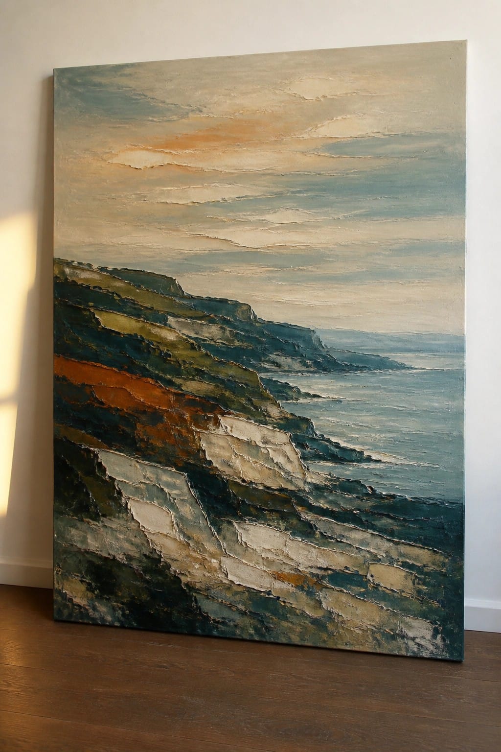 Thickly textured painting of cliffs and sea propped on wooden floor by wall