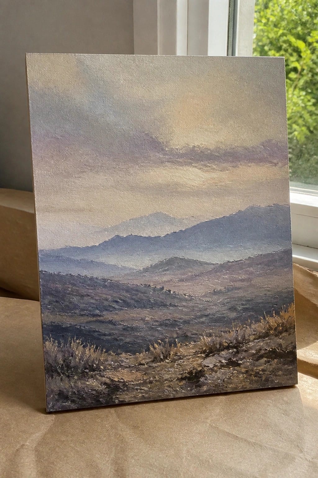 An oil painting of layered hills and mountains under a hazy sky with textured foreground.