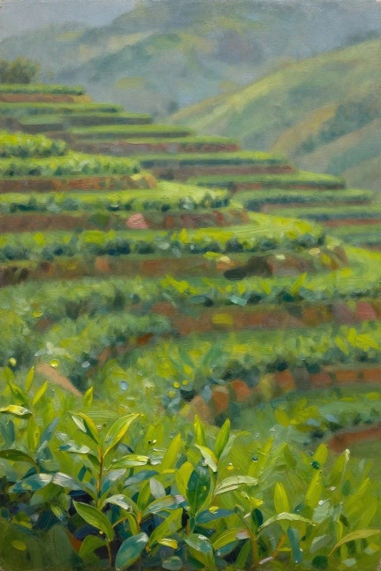 Impressionistic painting of lush green terraced fields on misty hillsides