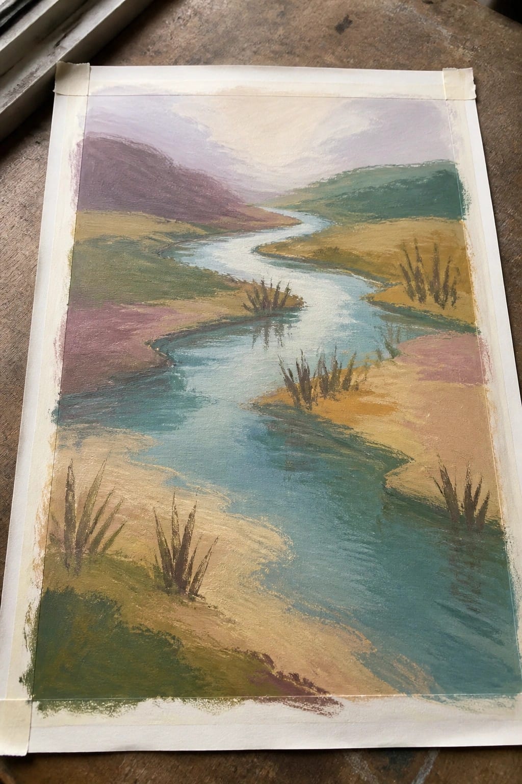Pastel painting of winding river through colorful hills with scattered bushes and reflections.