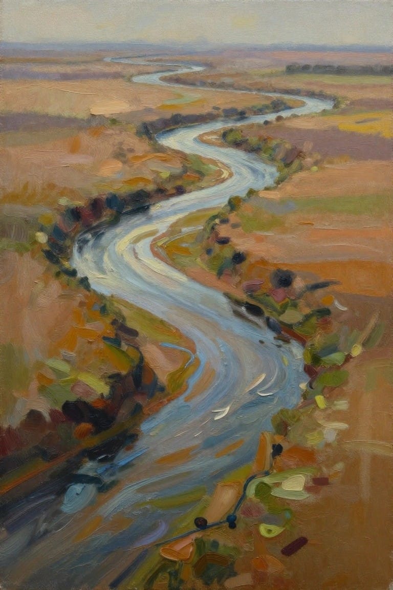 Winding blue river curving through earthy fields in textured landscape painting