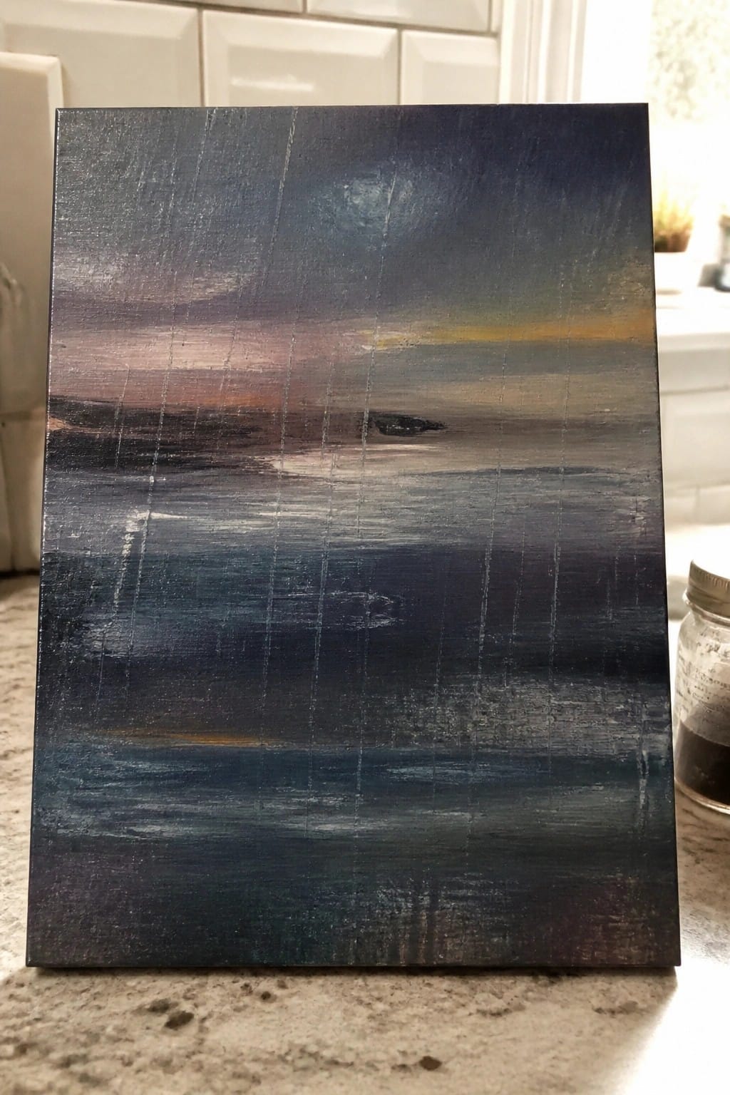 Abstract seascape painting with dark blue, purple, and orange brushstrokes on wood panel