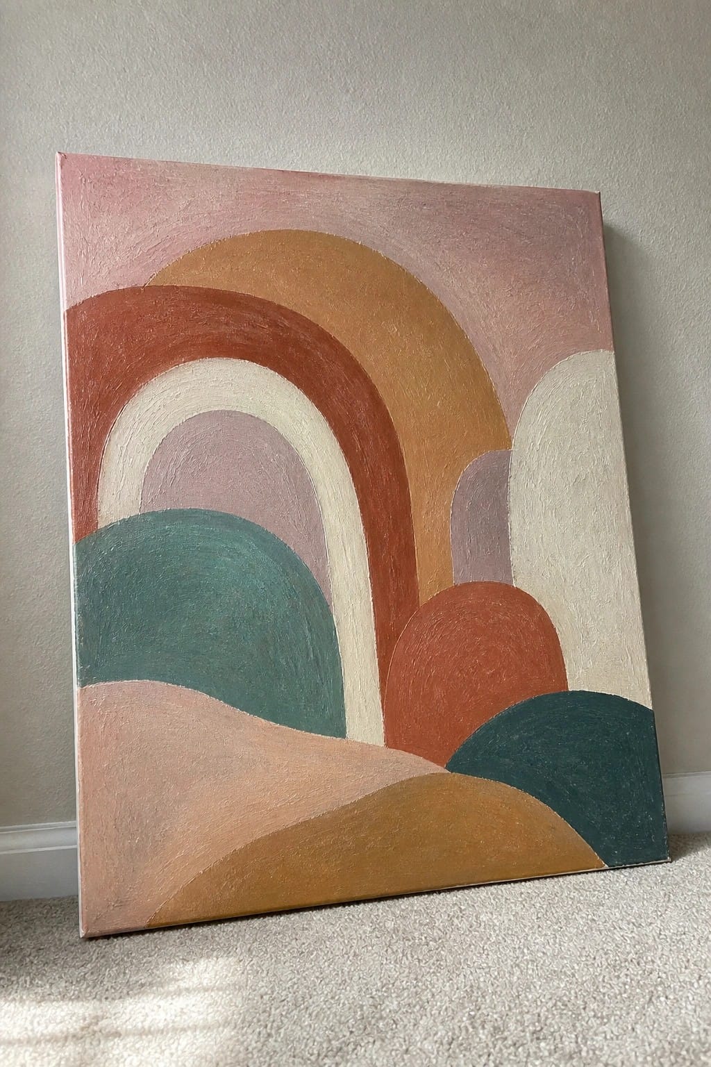 Abstract canvas with colorful arches and shapes in pink, teal, and orange against wall
