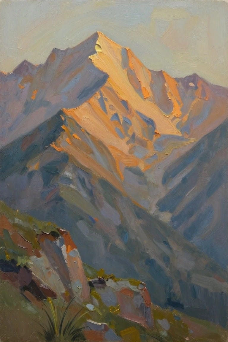 Sunlit orange mountain peak with thick brushstrokes and purple-blue shadowed ridges