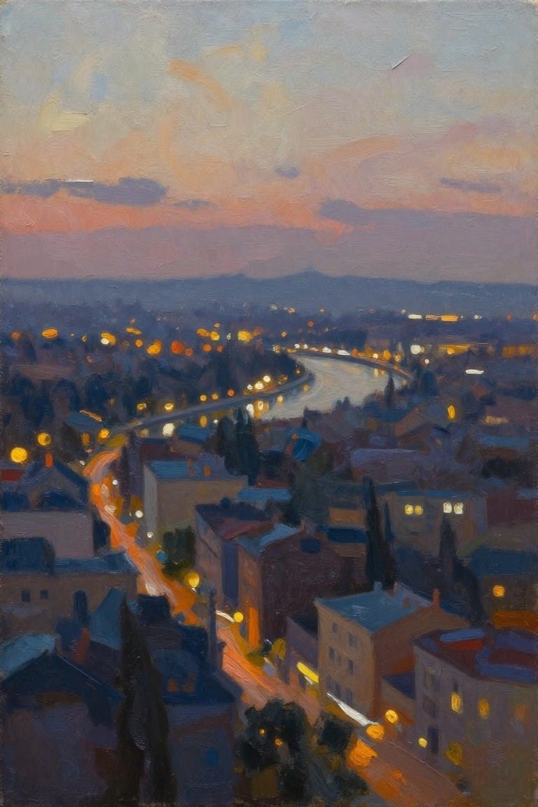 Impressionistic oil painting of riverside city at dusk with glowing lights and vibrant sky.