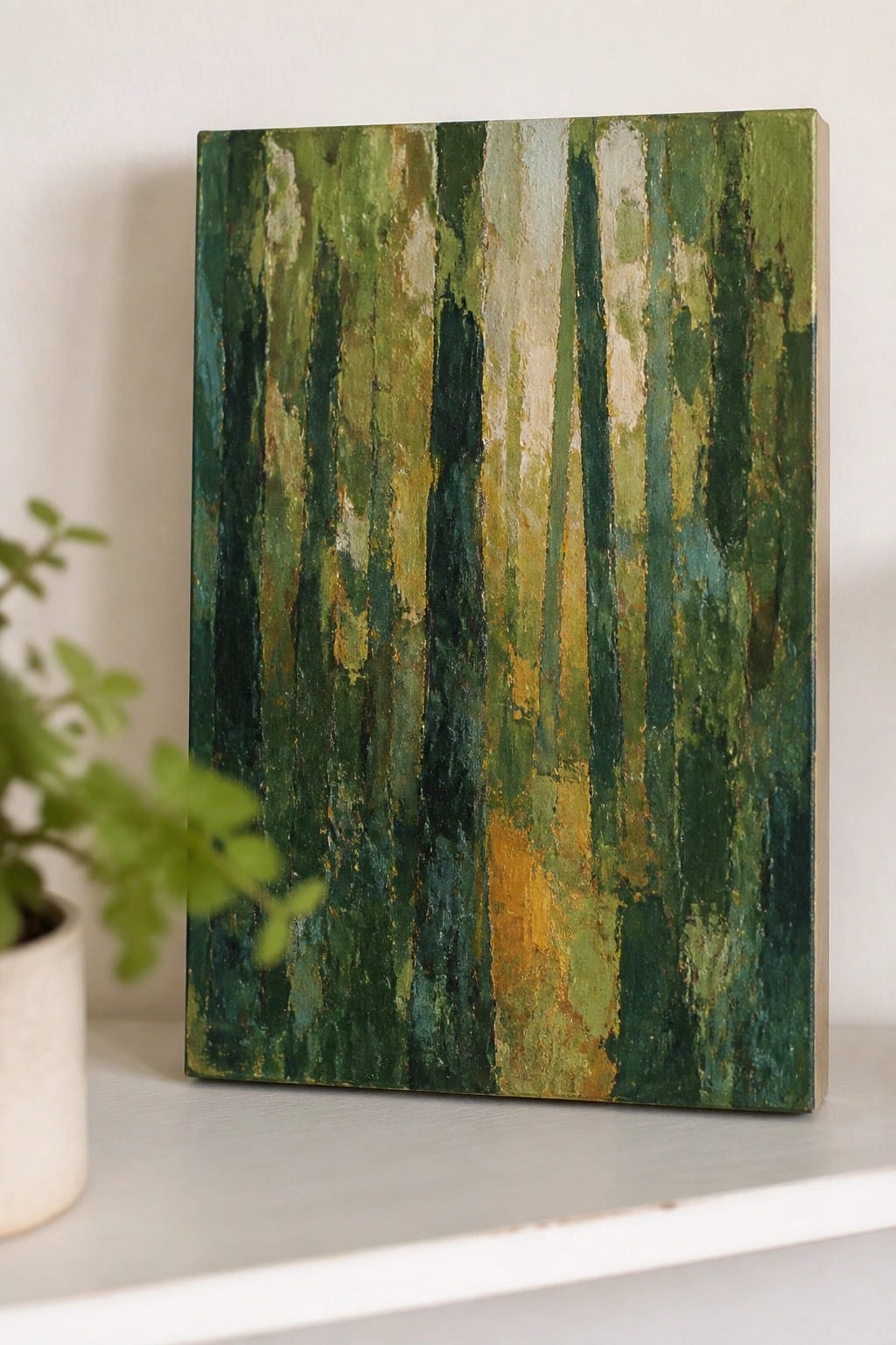 Abstract painting with vertical green, teal and gold brushstrokes on canvas beside potted plant