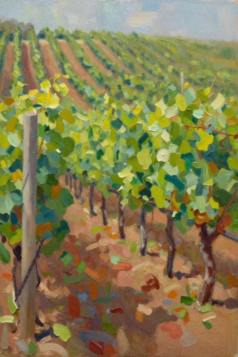 Vibrant oil painting of vineyard rows with green leaves and wooden posts on hills