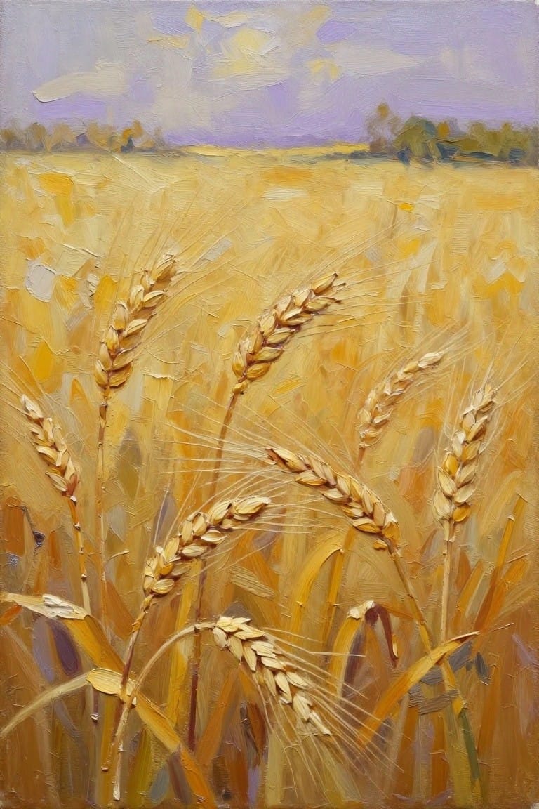 Golden wheat stalks in sunlit field under purple sky, textured oil painting.