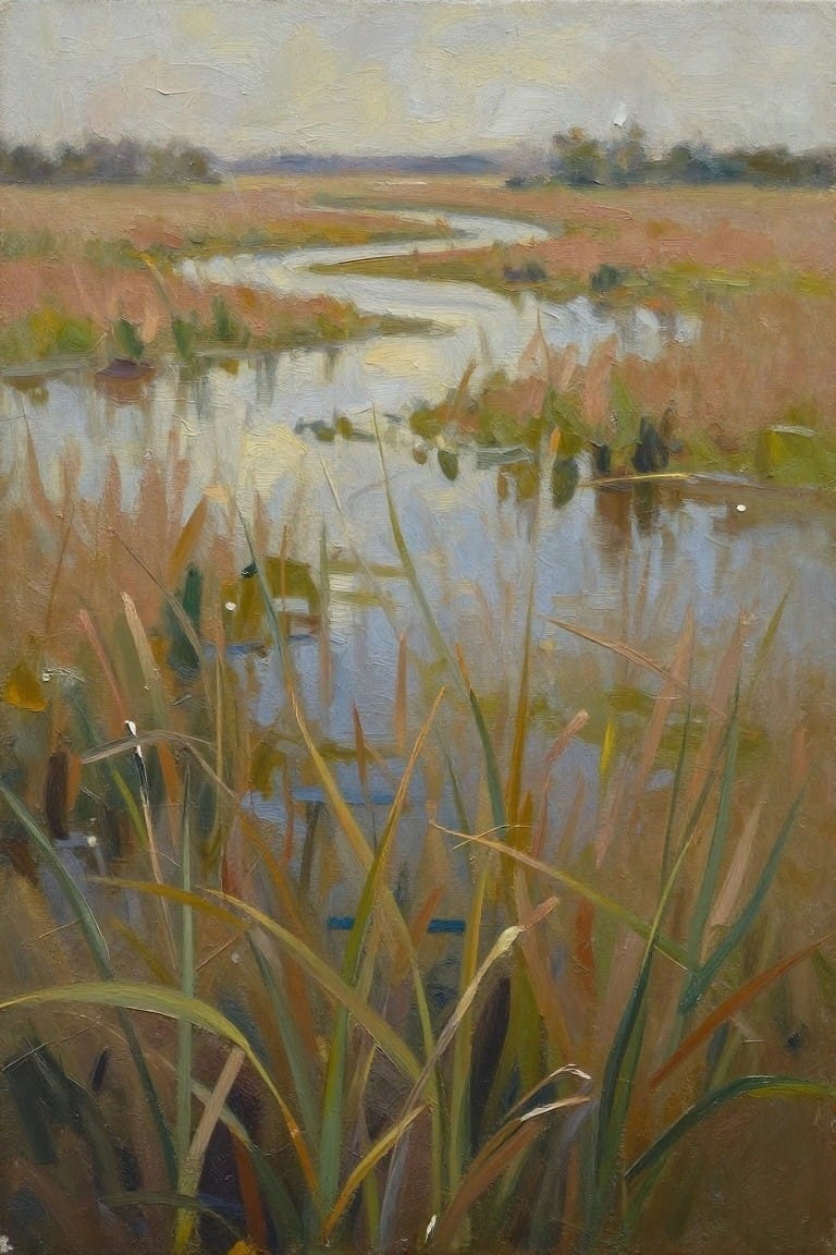 Impressionistic painting of winding river through autumn marsh with tall foreground reeds