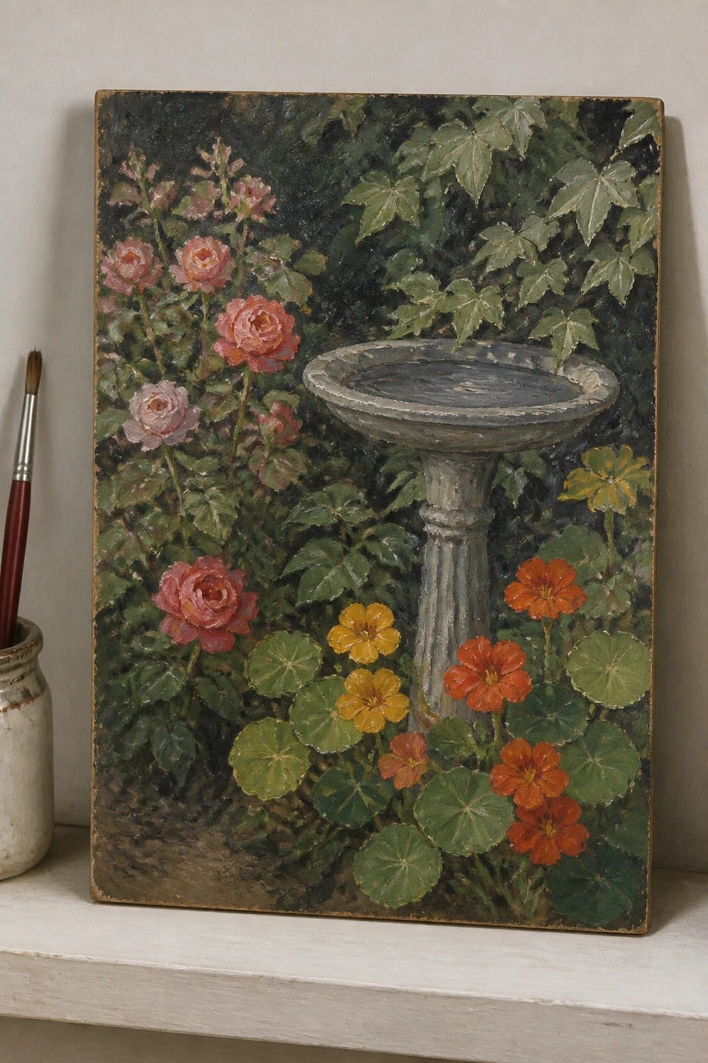 Oil painting of stone birdbath amid pink roses and orange nasturtiums beside paintbrush