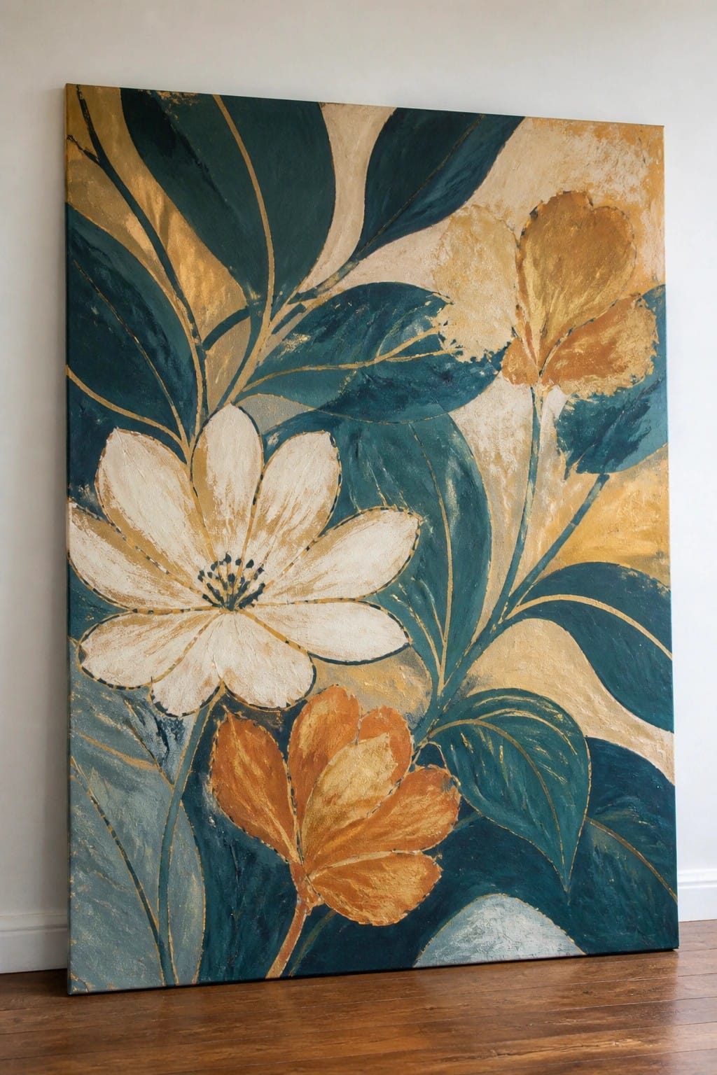Abstract floral painting with white, orange, and gold flowers on teal leaves