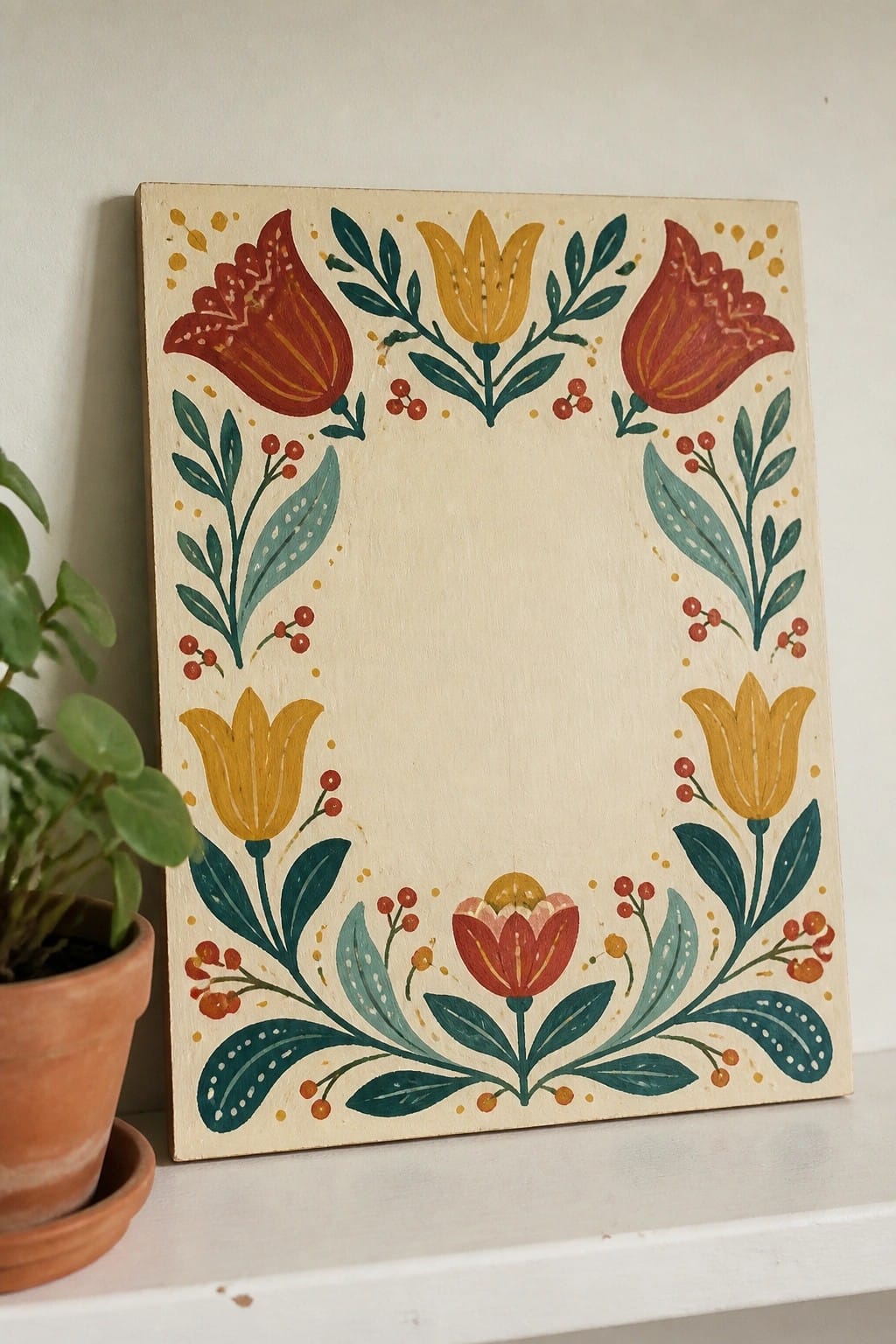 Folk art wooden board with red tulips, yellow flowers, and teal leaves.