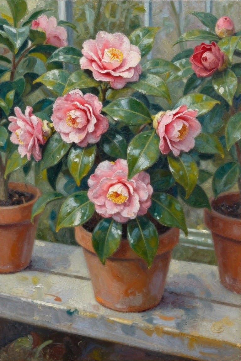 Pink camellias blooming in terracotta pots on a windowsill