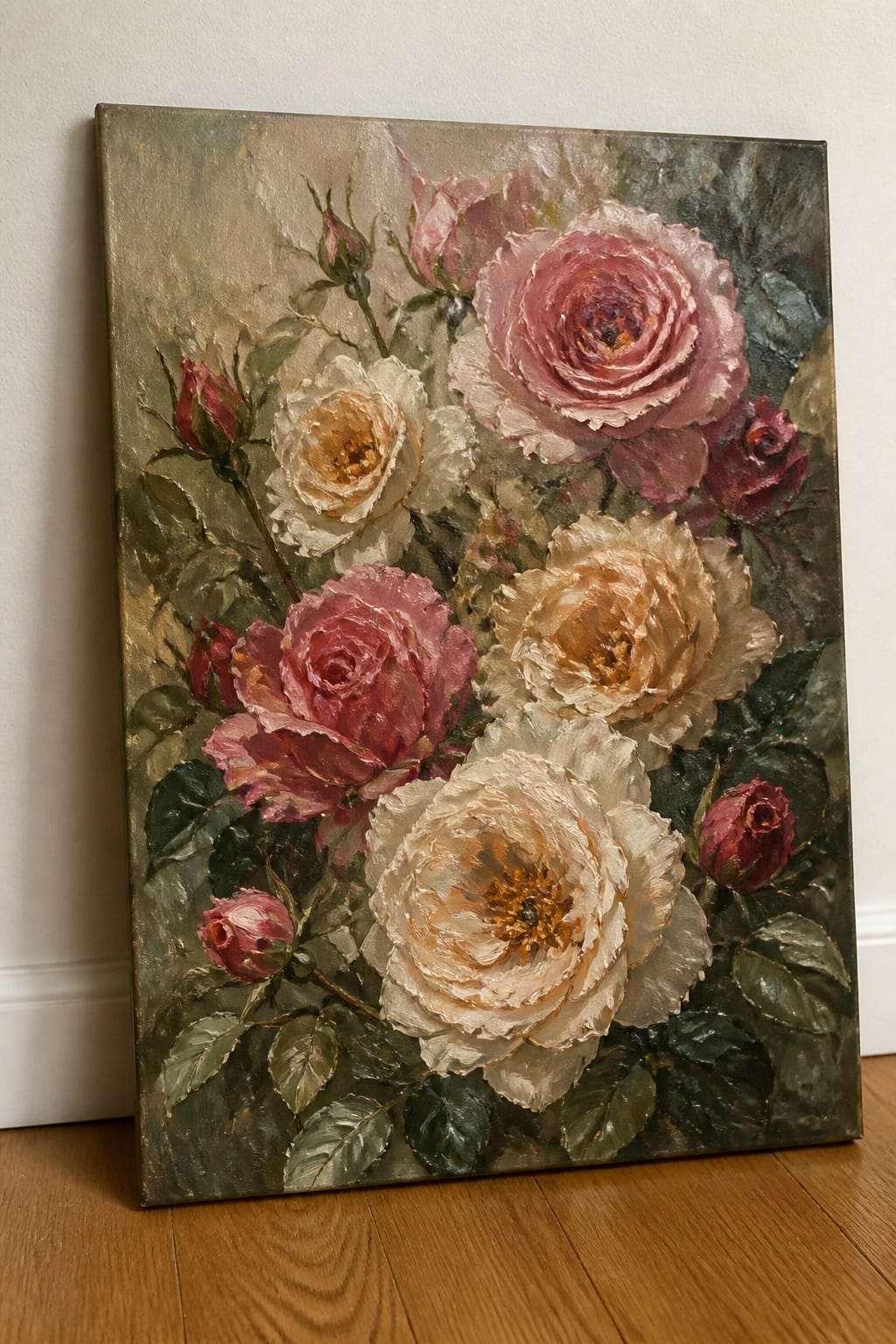 Oil painting of pink, white, and cream roses with green leaves on canvas