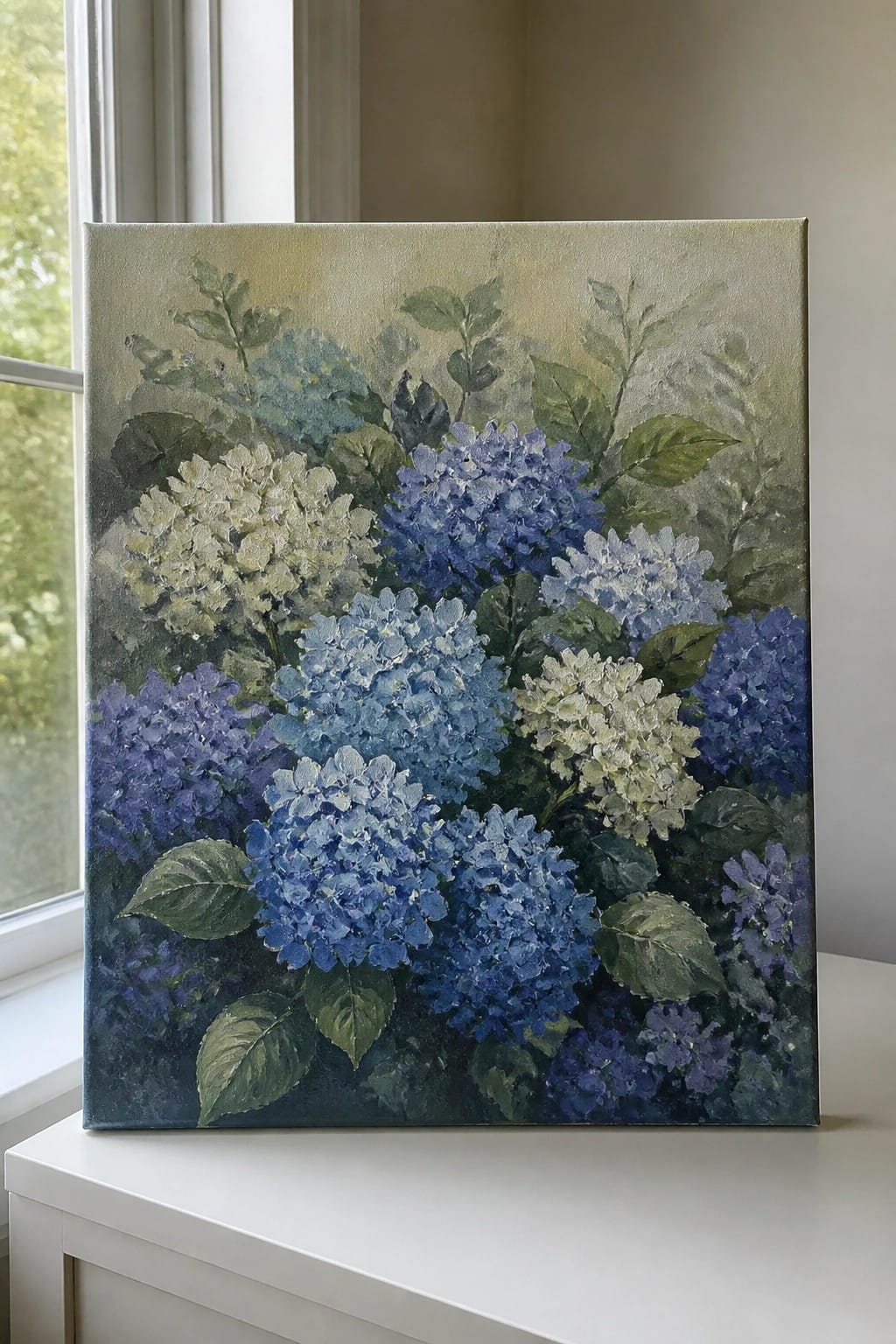 Painting of blue, purple, and white hydrangeas on canvas resting on a windowsill.