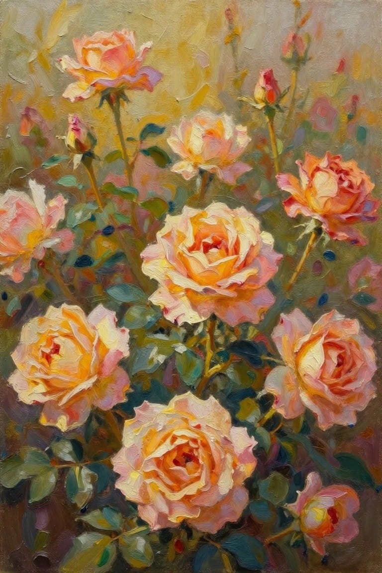 Vibrant oil painting of blooming peach and pink roses amid green leaves